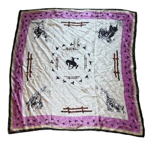 Wyoming Traders Ivory Fences Silk Scarf - 34.5" Western Cowboy Horse Ivory/Pink